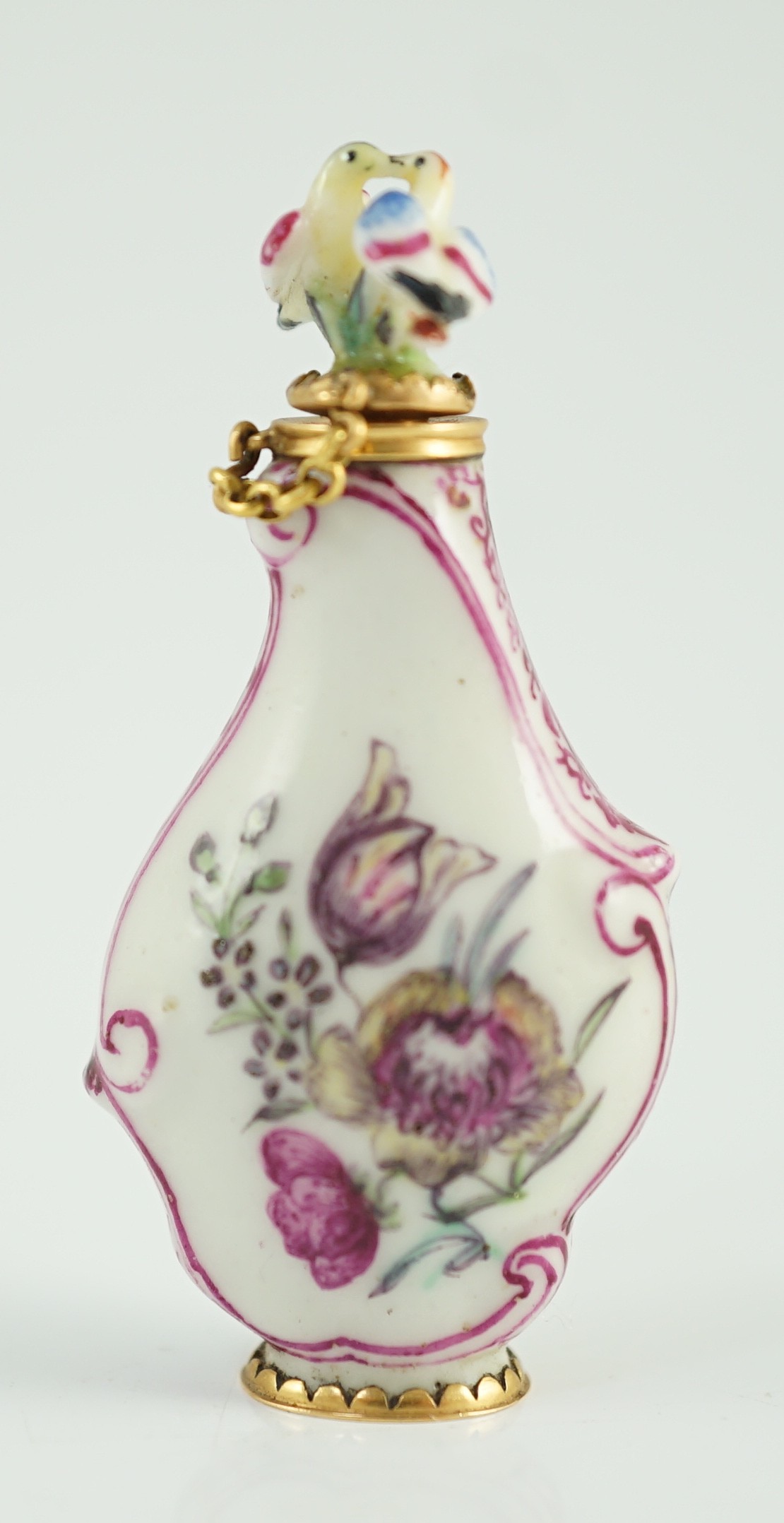 A good Chelsea or St James (Charles Gouyn) gold mounted porcelain scent bottle, c.1755